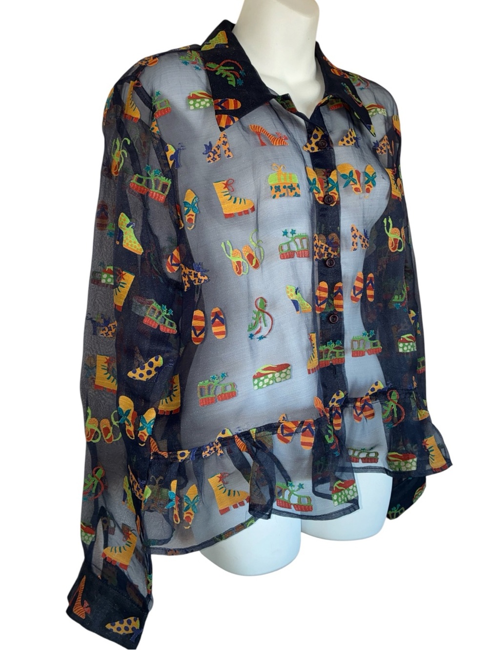Ragamuffin Couture: Sheer Buttondown blouse Women's, XL, blue, EUC, ruffle OOAK